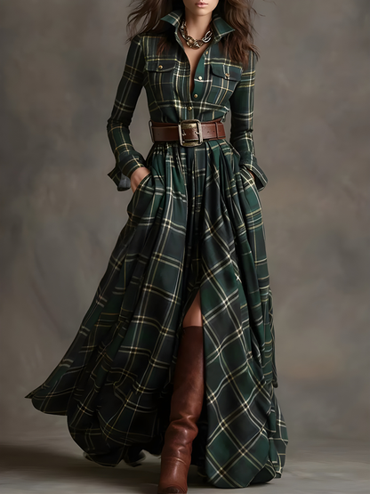 Elara™ Plaid Button-Front Maxi Dress