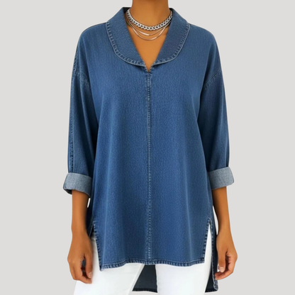 Camille™ Faux Denim Shawl Collar Blouse
