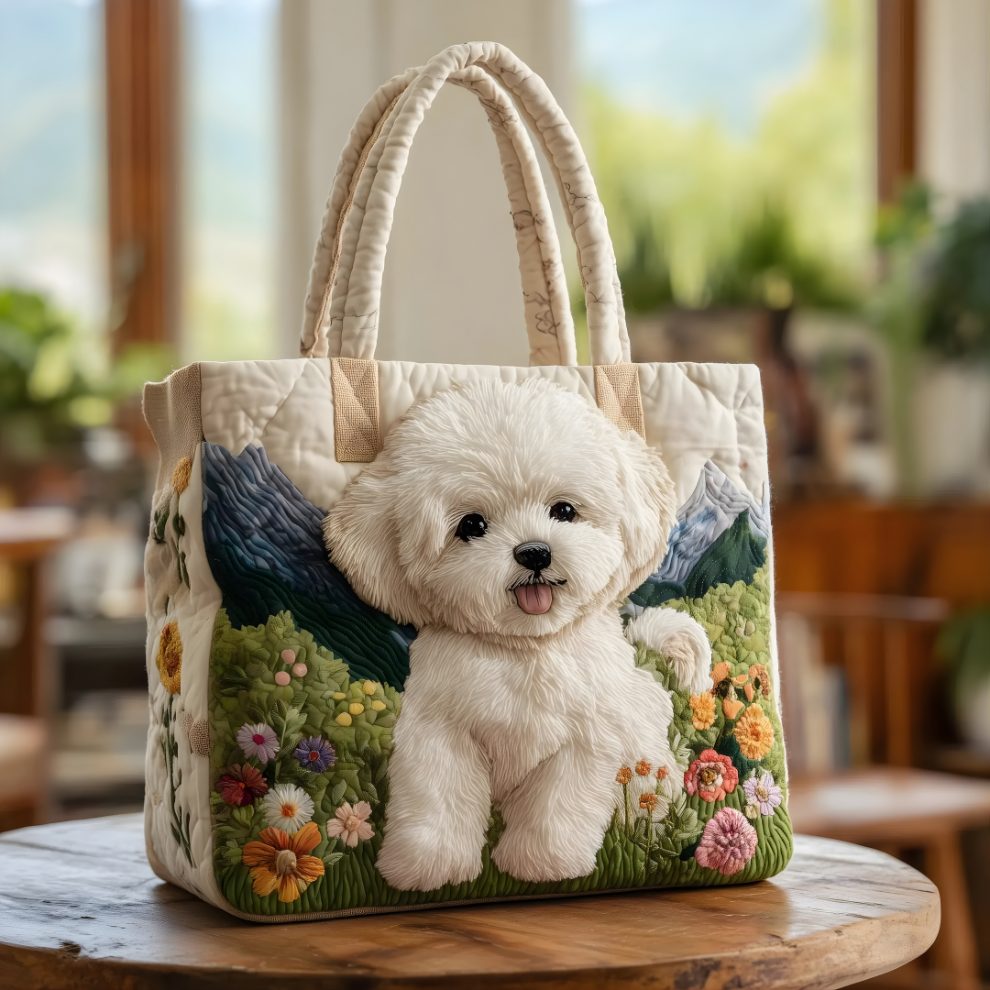 White Puppy Quilted Tote